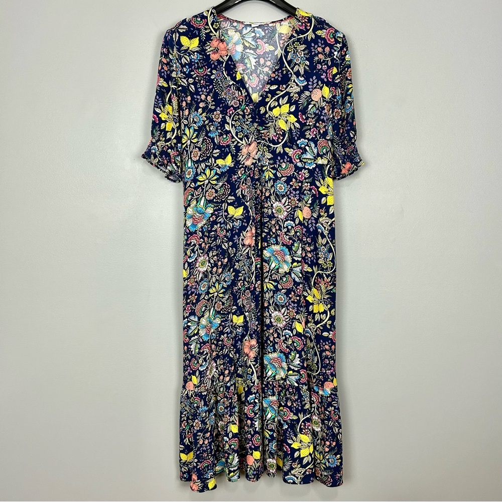 Boden V-Neck Midi Tea Dress Women’s Size 14 Floral Puff Sleeves Colorful Boho - Picture 2 of 8